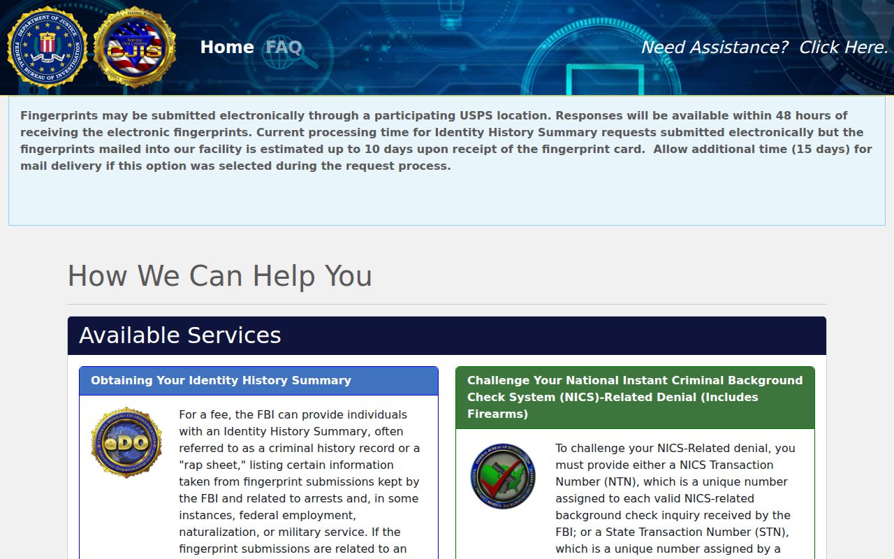 Taylor County criminal history FBI identity history request portal