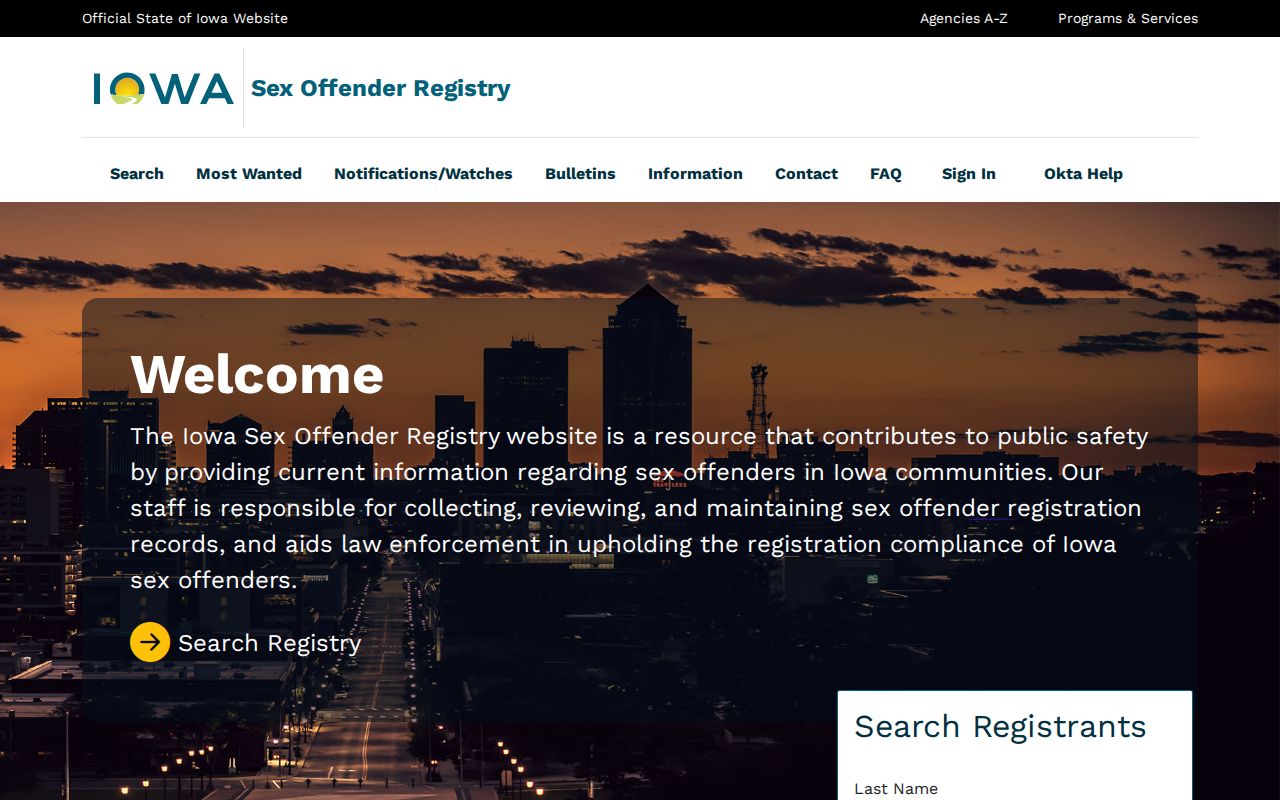Taylor County sex offender check on the Iowa registry landing page