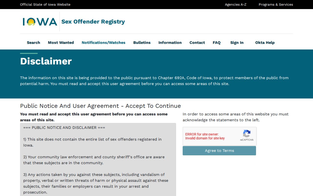 Taylor County sex offender registry user agreement and warning